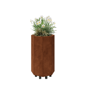 Donica ze stali corten - Ośmiokątne - 48,3 x 48,3 x 80 cm - Z płytą dolną - Z kółkami
