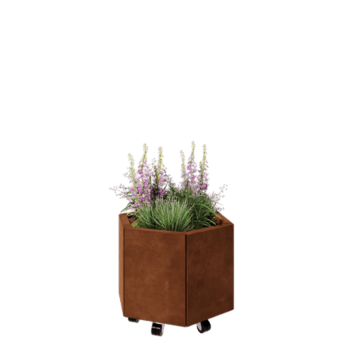 Donica ze stali corten - Sześciokątne - 59,3 x 52 x 40 cm - Z płytą dolną - Z kółkami