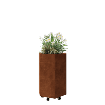 Donica ze stali corten - Sześciokątne - 59,3 x 52 x 80 cm - Z płytą dolną - Z kółkami