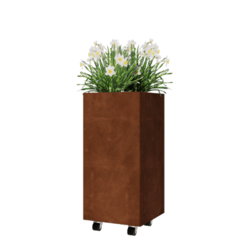 Donica ze stali corten - Kwadratowe - 40 x 40 x 80 cm - Z płytą dolną - Z kółkami