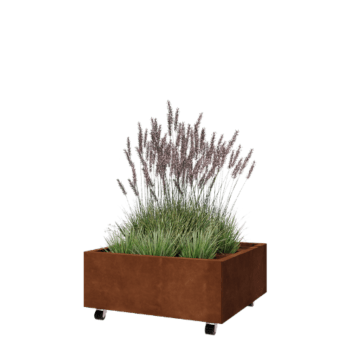 Donica ze stali corten - Kwadratowe - 80 x 80 x 30 cm - Z płytą dolną - Z kółkami