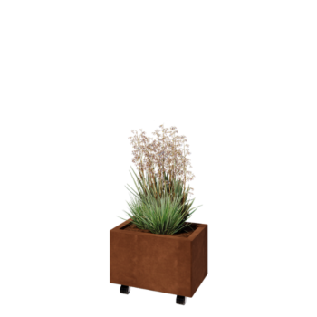 Donica ze stali corten - Prostokątne - 50 x 30 x 30 cm - Z płytą dolną - Z kółkami