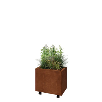 Donica ze stali corten - Prostokątne - 50 x 30 x 40 cm - Z płytą dolną - Z kółkami