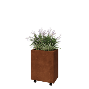 Donica ze stali corten - Prostokątne - 50 x 30 x 60 cm - Z płytą dolną - Z kółkami