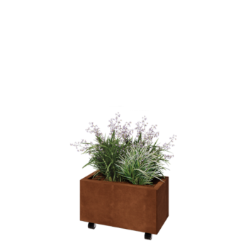 Donica ze stali corten - Prostokątne - 60 x 30 x 30 cm - Z płytą dolną - Z kółkami