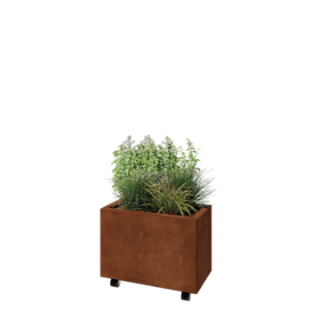 Donica ze stali corten - Prostokątne - 60 x 30 x 40 cm - Z płytą dolną - Z kółkami