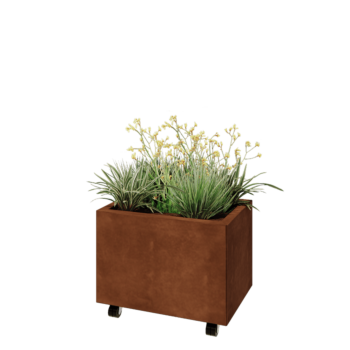 Donica ze stali corten - Prostokątne - 60 x 40 x 40 cm - Z płytą dolną - Z kółkami
