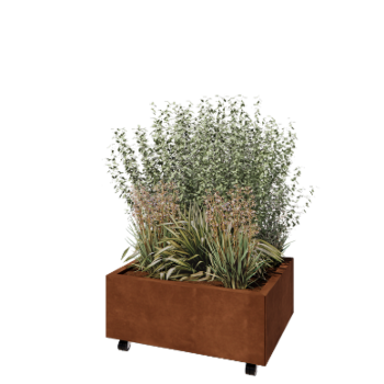 Donica ze stali corten - Prostokątne - 80 x 60 x 30 cm - Z płytą dolną - Z kółkami