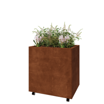 Donica ze stali corten - Prostokątne - 80 x 60 x 80 cm - Z płytą dolną - Z kółkami