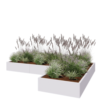 Stalowa donica - L-kształtne - 300 x 200 x 30 cm - RAL9010 matowy (biały) - Z płytą dolną