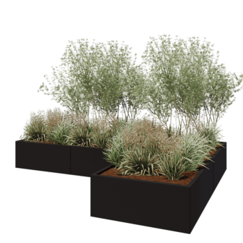 Stalowa donica - L-kształtne - 300 x 200 x 40 cm - RAL9005 matowy (czarny) - Z płytą dolną