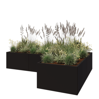 Stalowa donica - L-kształtne - 300 x 200 x 60 cm - RAL9005 matowy (czarny) - Z płytą dolną