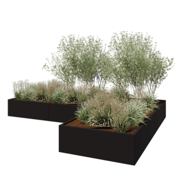 Stalowa donica - L-kształtne - 360 x 240 x 40 cm - RAL9005 matowy (czarny) - Bez płyty dolnej