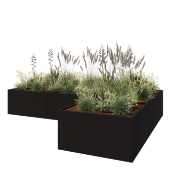 Stalowa donica - L-kształtne - 360 x 240 x 60 cm - RAL9005 matowy (czarny) - Z płytą dolną