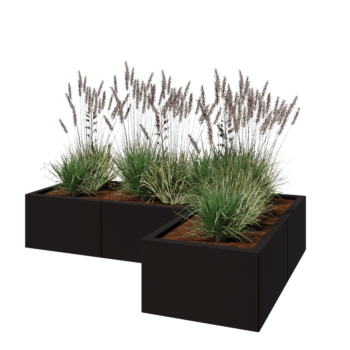 Stalowa donica - L-kształtne - 150 x 100 x 30 cm - RAL9005 matowy (czarny) - Z płytą dolną