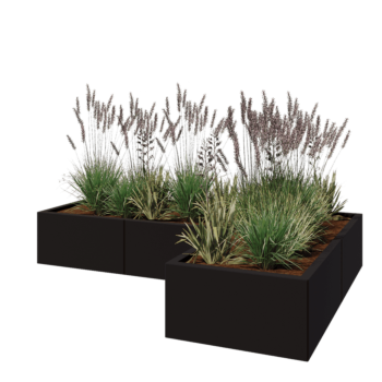 Stalowa donica - L-kształtne - 180 x 120 x 30 cm - RAL9005 matowy (czarny) - Z płytą dolną