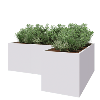 Stalowa donica - L-kształtne - 240 x 160 x 80 cm - RAL9010 matowy (biały) - Z płytą dolną