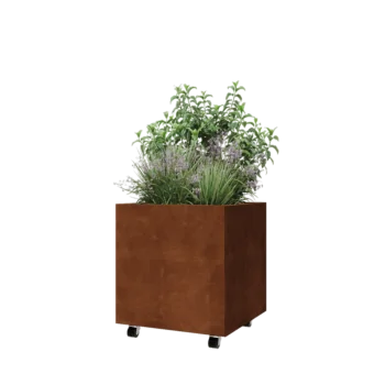 Donica ze stali corten - Kwadratowe - 60 x 60 x 60 cm - Z płytą dolną - Z kółkami