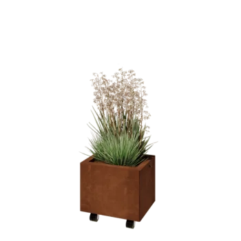 Donica ze stali corten - Prostokątne - 40 x 30 x 30 cm - Z płytą dolną - Z kółkami