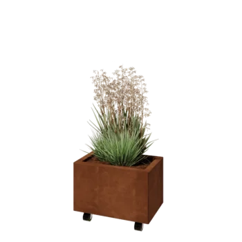 Donica ze stali corten - Prostokątne - 50 x 30 x 30 cm - Z płytą dolną - Z kółkami