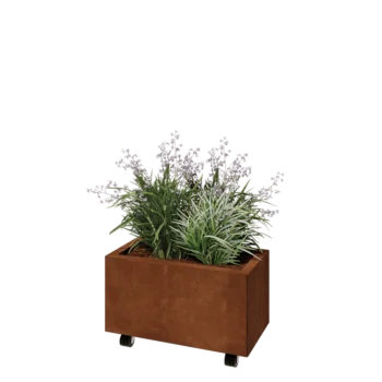Donica ze stali corten - Prostokątne - 60 x 30 x 30 cm - Z płytą dolną - Z kółkami
