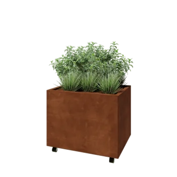 Donica ze stali corten - Prostokątne - 80 x 60 x 60 cm - Z płytą dolną - Z kółkami